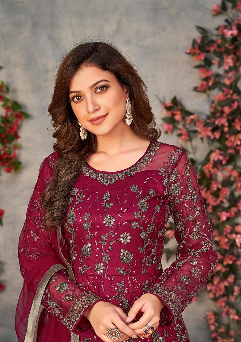 Maroon Embroidered Net Salwar Kameez With Dupatta