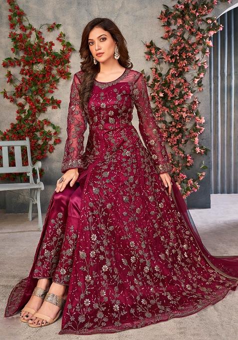 Maroon Embroidered Net Salwar Kameez With Dupatta