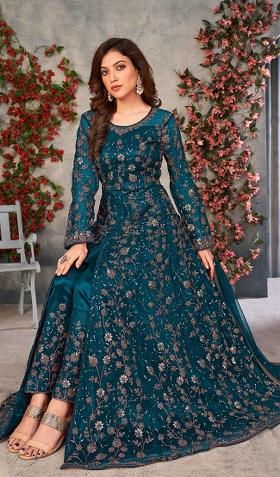 Teal Blue Embroidered Net Salwar Kameez With Dupatta