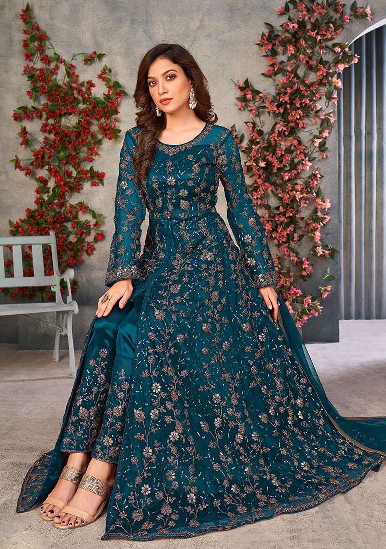 Teal Blue Embroidered Net Anarkali Set - Indya