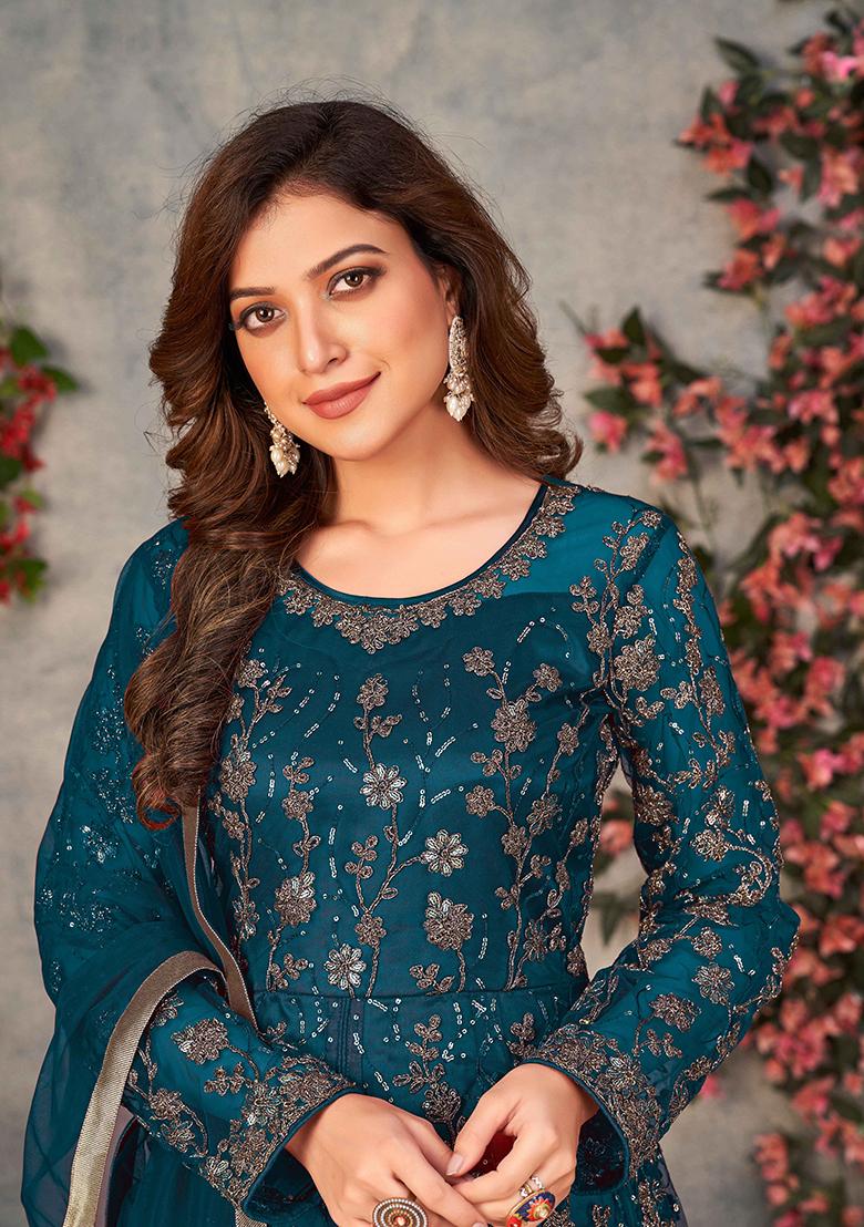 Teal Blue Embroidered Net Salwar Kameez With Dupatta