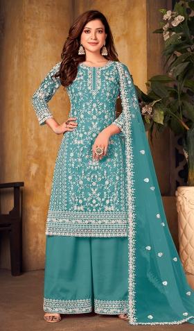 Blue Embroidered Net Salwar Kameez With Dupatta