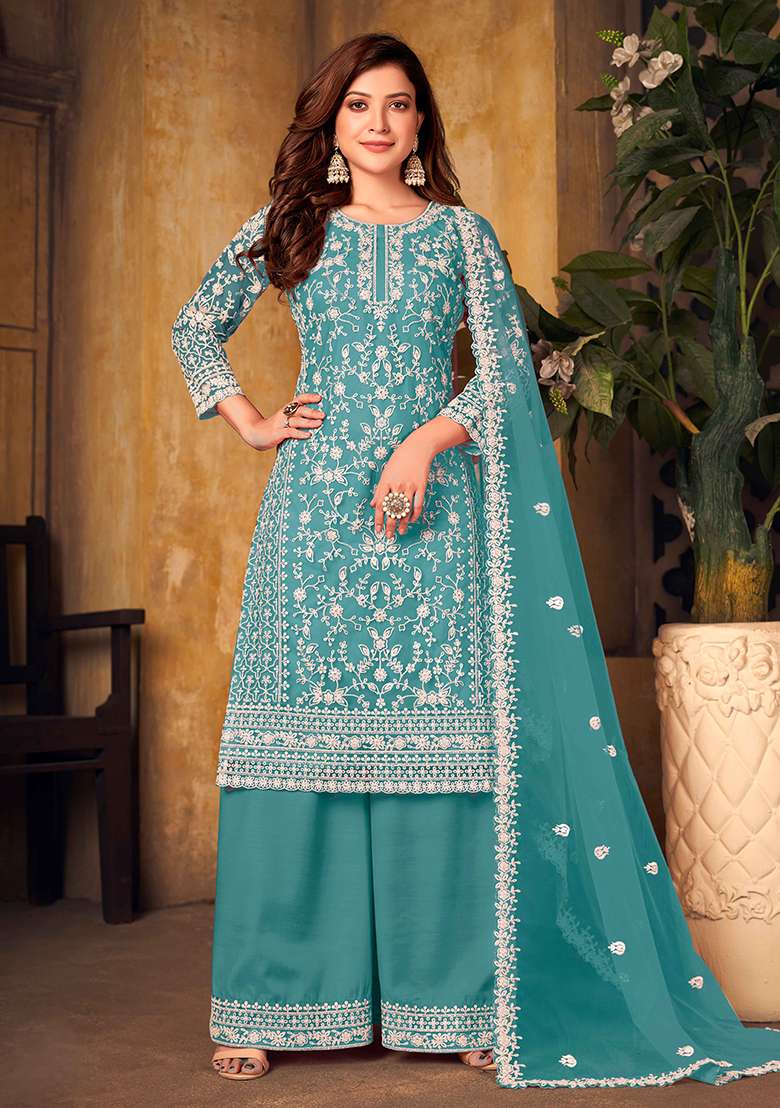 Blue Embroidered Net Straight Kurta Set - Indya