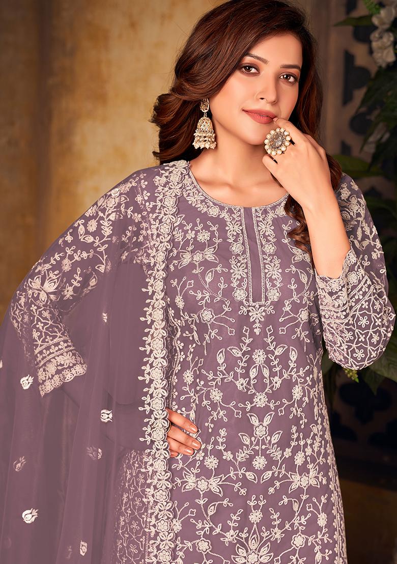 Mauve Embroidered Net Salwar Kameez With Dupatta