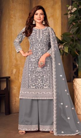 Grey Embroidered Net Salwar Kameez With Dupatta