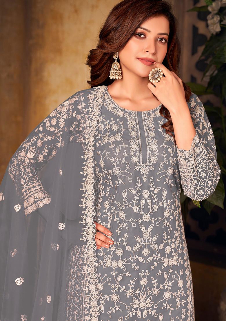 Grey Embroidered Net Salwar Kameez With Dupatta