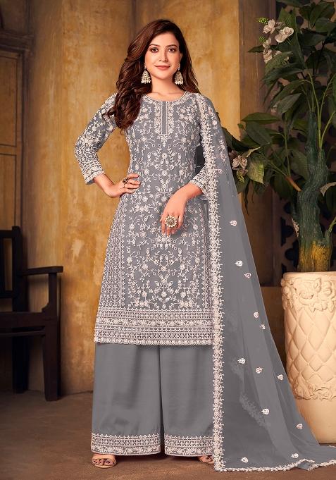 Grey Embroidered Net Straight Kurta Set — view on Indya