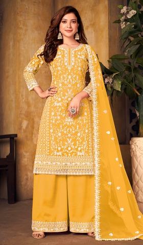 Yellow Embroidered Net Salwar Kameez With Dupatta