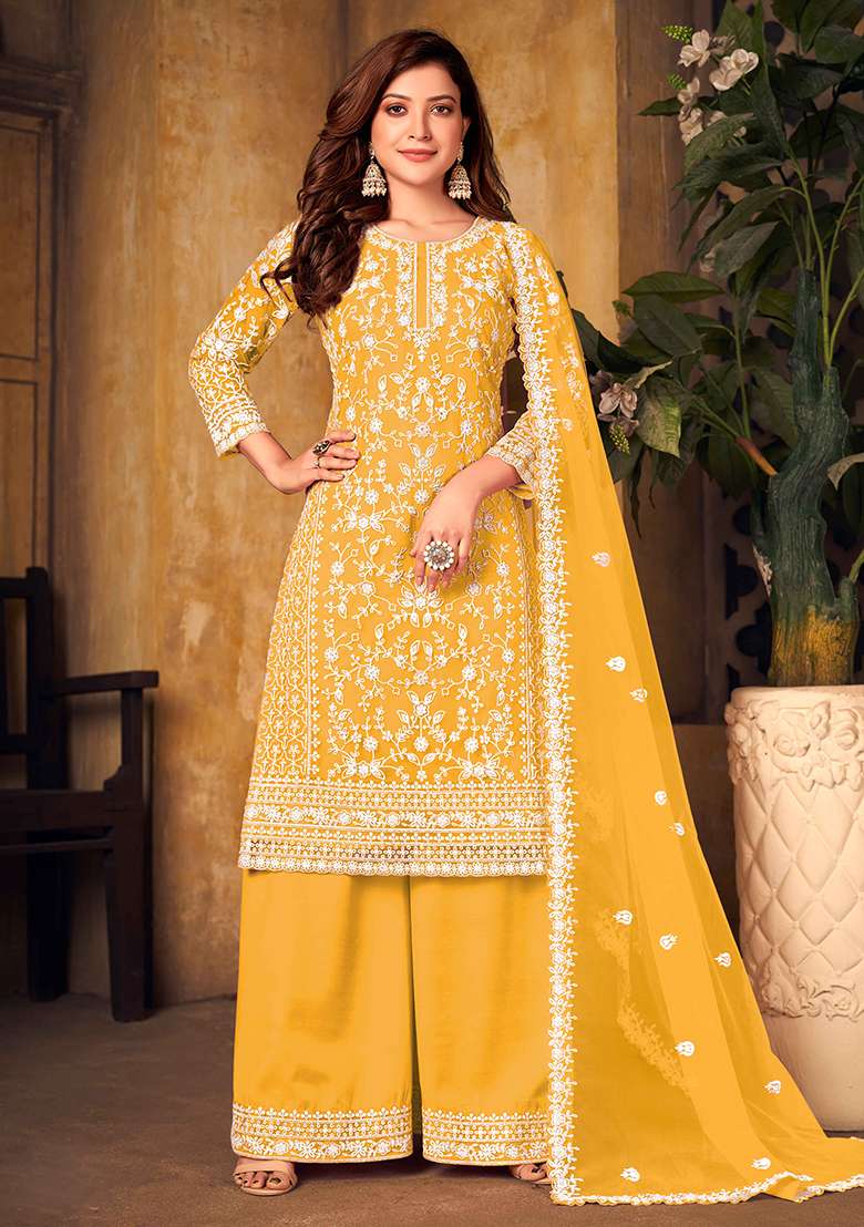 Yellow Chikankari Net Straight Kurta Set - Indya