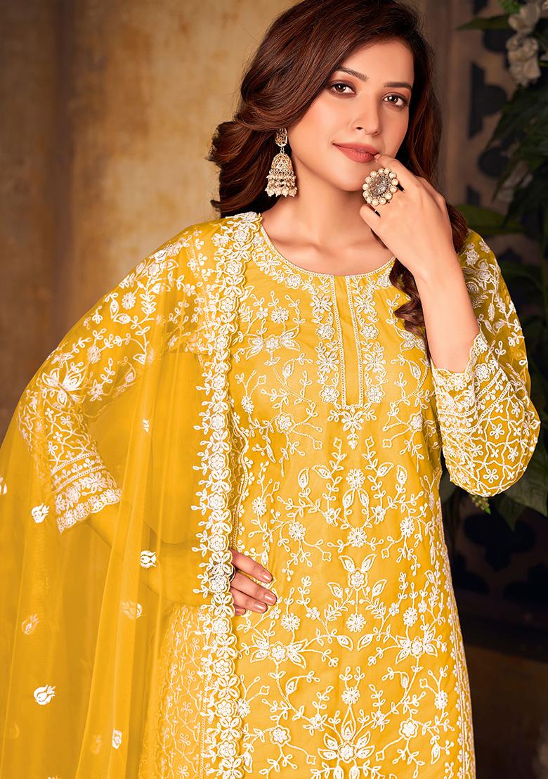 Yellow Embroidered Net Salwar Kameez With Dupatta