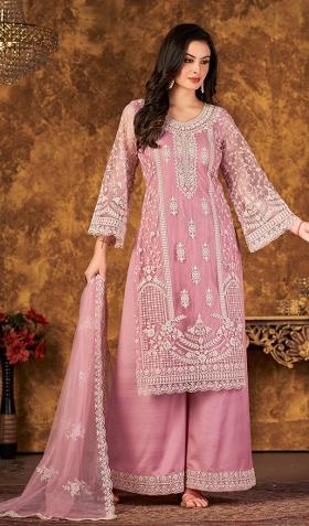 Pink Embroidered Net Salwar Kameez With Dupatta