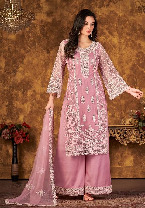 Pink Embroidered Net Salwar Kameez With Dupatta
