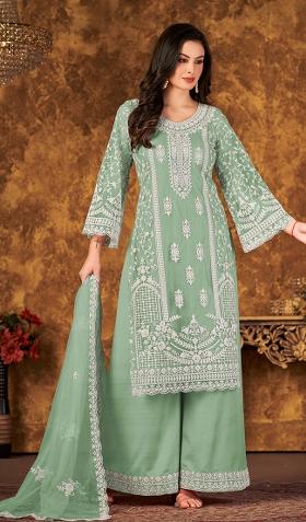 Green Embroidered Net Salwar Kameez With Dupatta