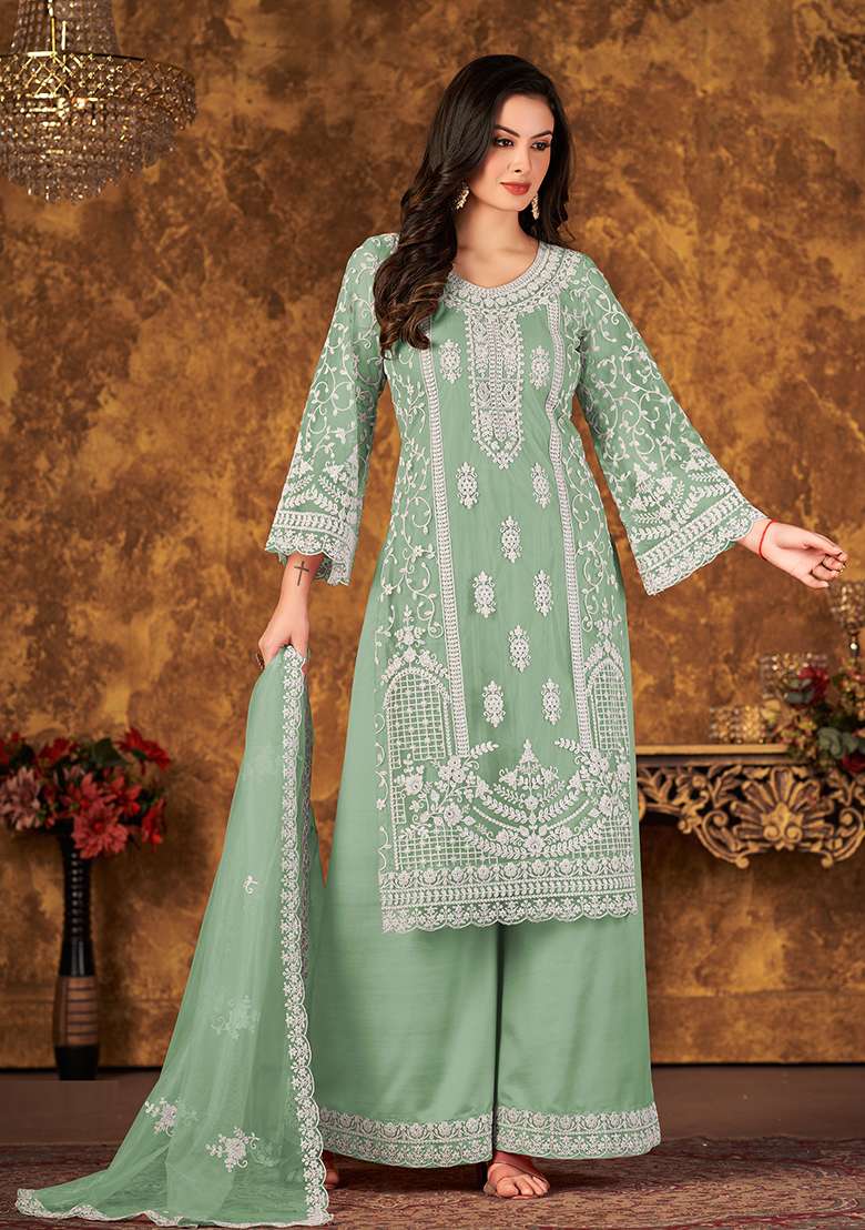 Green Chikankari Net Pakistani Suit Set - Indya