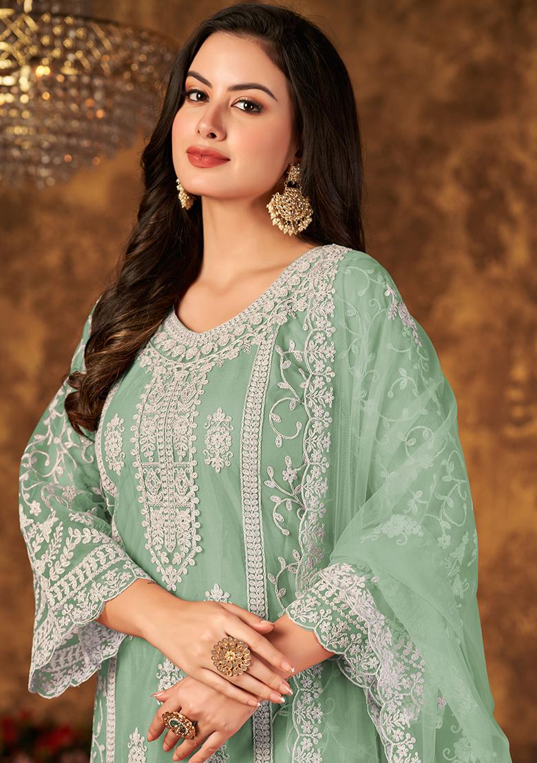 Green Embroidered Net Salwar Kameez With Dupatta