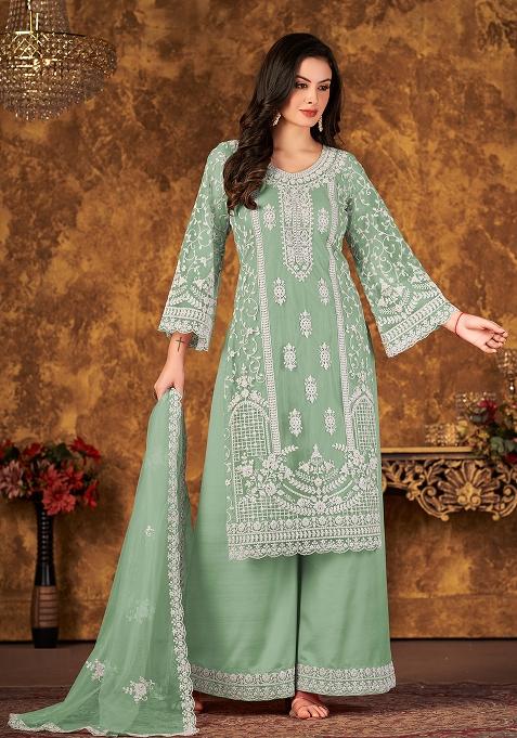 Green Embroidered Net Salwar Kameez With Dupatta