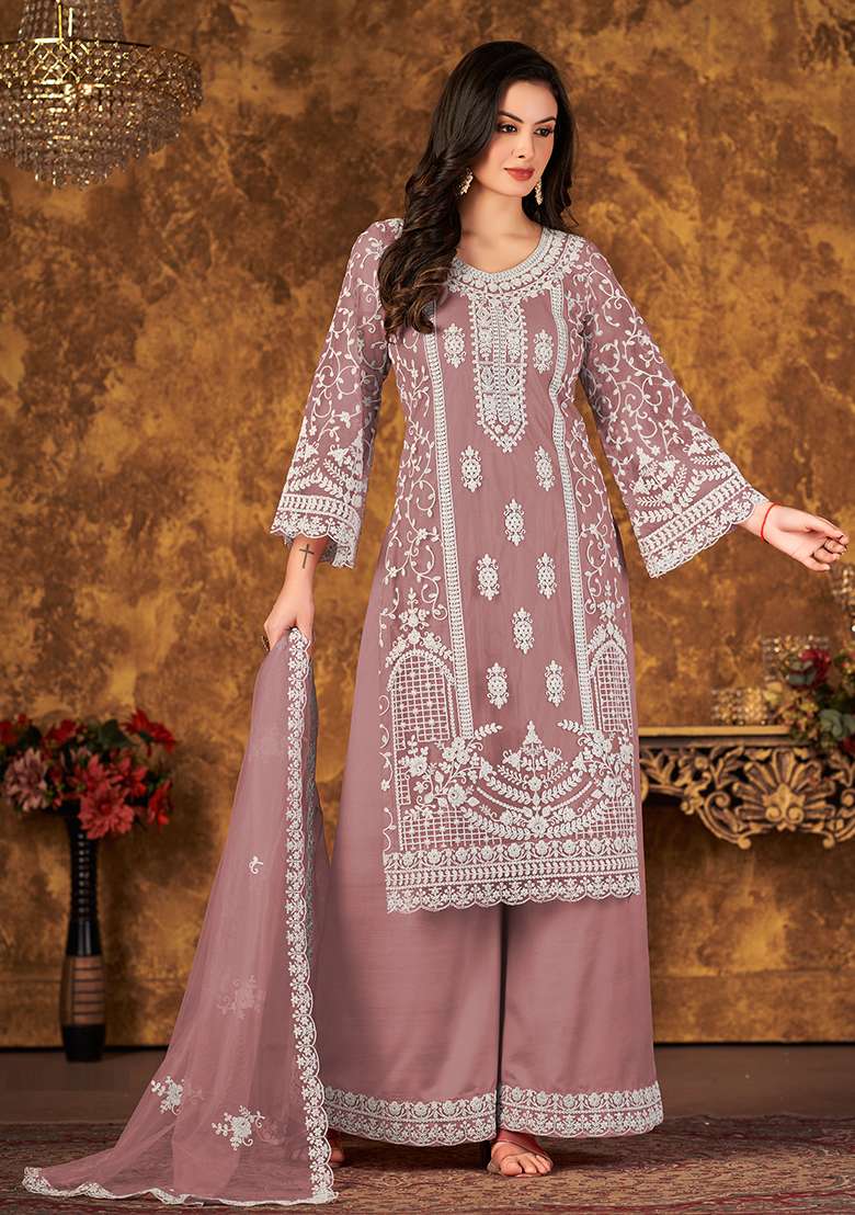 Dusty Pink Chikankari Net Pakistani Suit Set - Indya