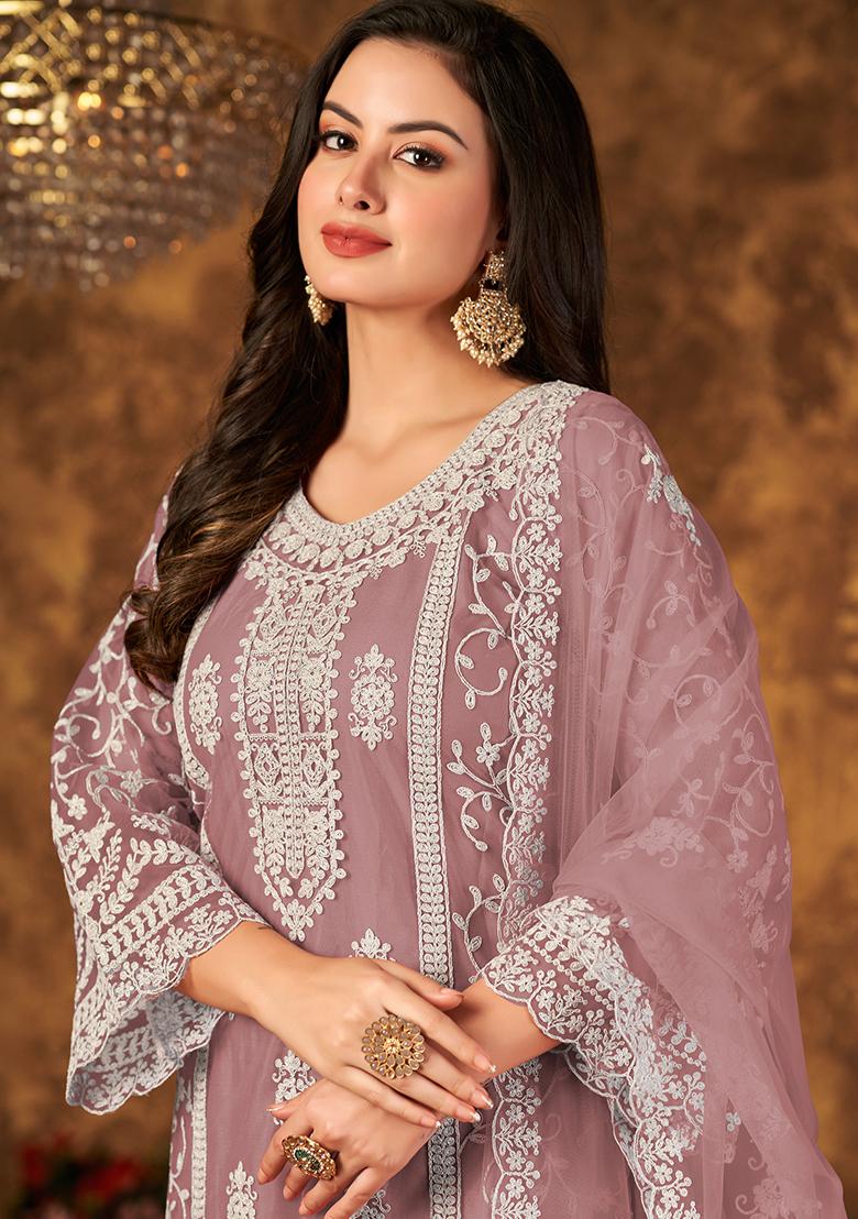 Dusty Pink Embroidered Net Salwar Kameez With Dupatta