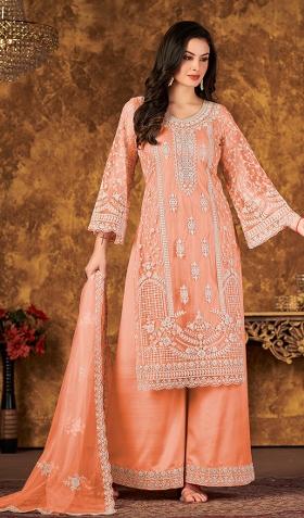 Peach Embroidered Net Salwar Kameez With Dupatta
