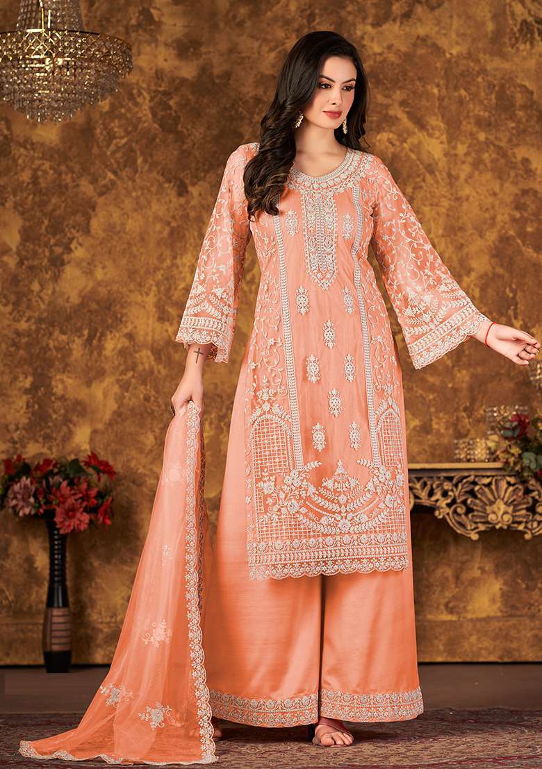 Peach Embroidered Net Pakistani Suit Set - Indya