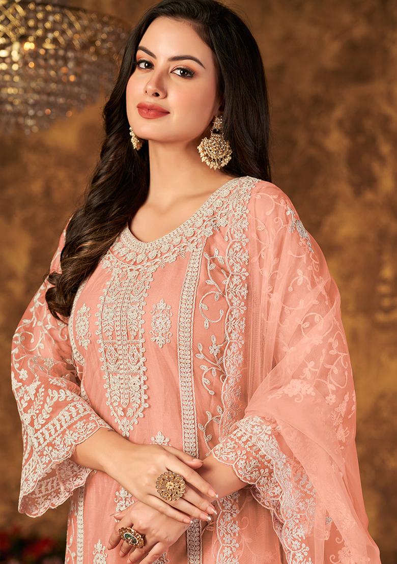 Peach Embroidered Net Salwar Kameez With Dupatta
