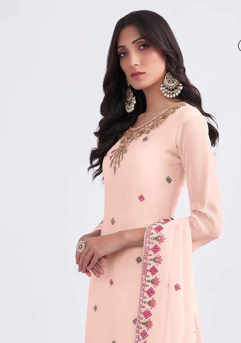 Peach Embroidered Georgette Salwar Kameez With Dupatta