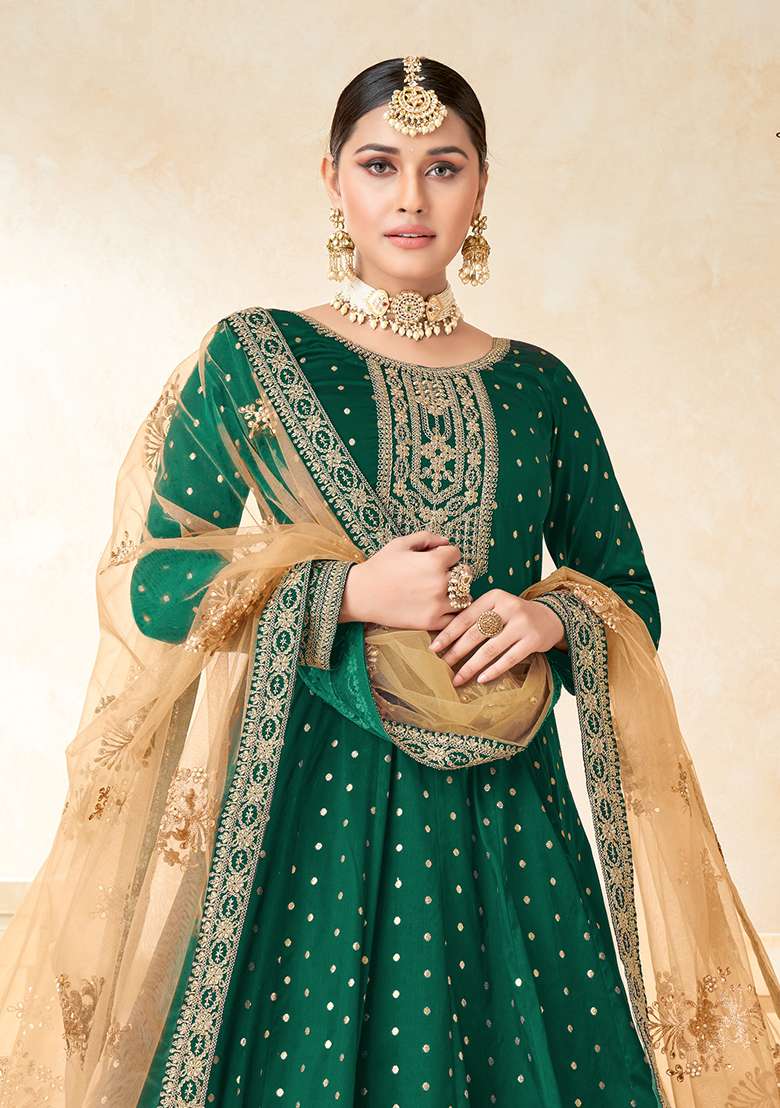 Green Embroidered Art Silk Blend Salwar Kameez With Dupatta - Indya