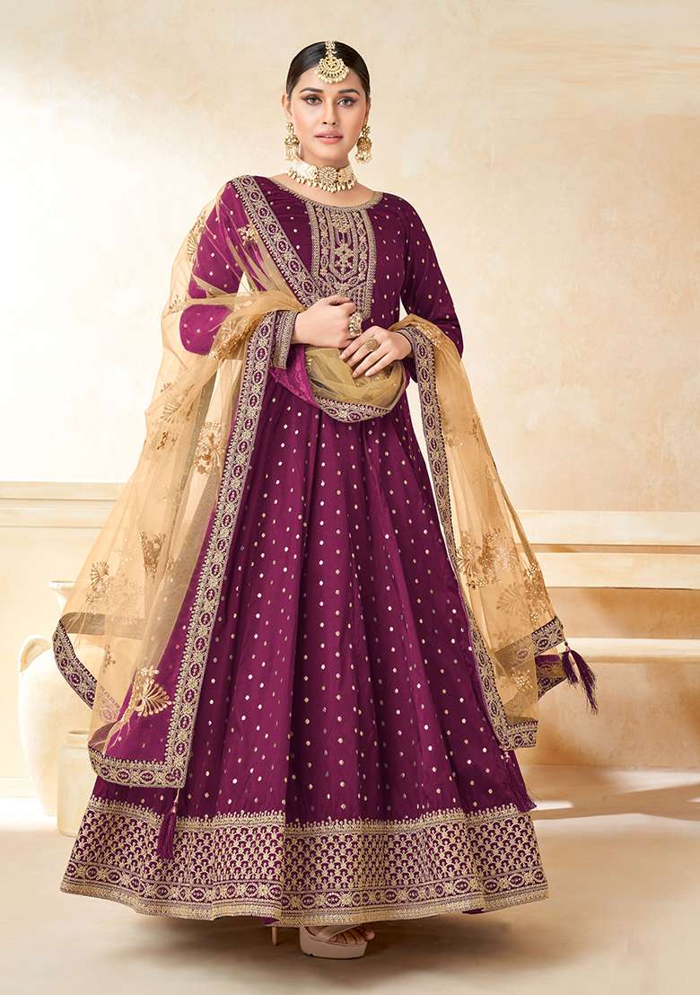 Maroon Embroidered Silk Blend Anarkali Set - Indya