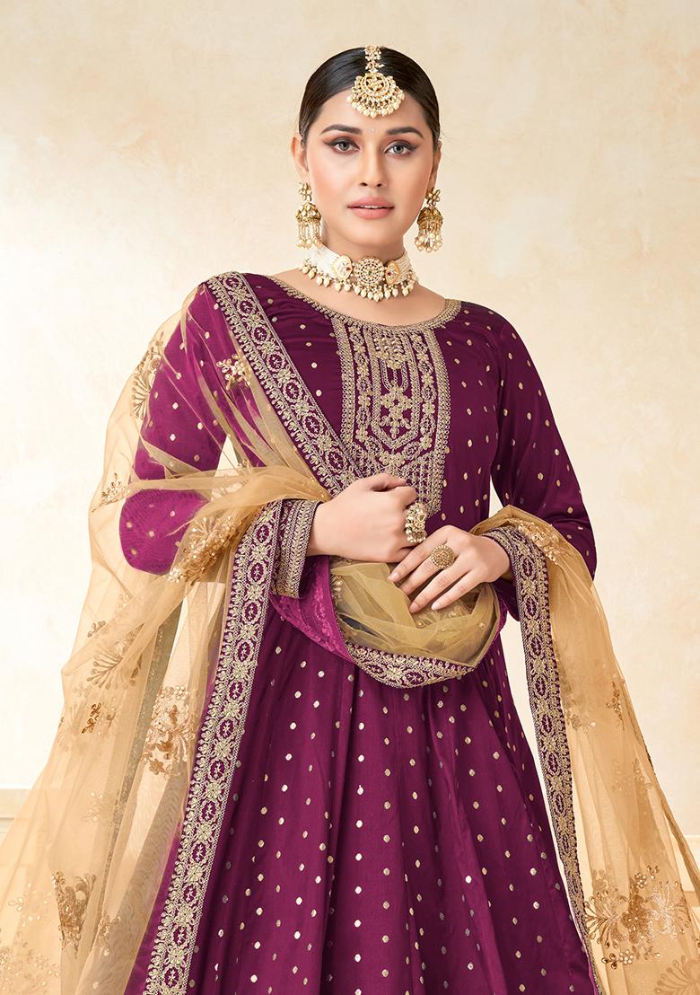 Maroon Embroidered Art Silk Salwar Kameez With Dupatta