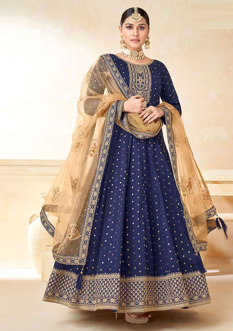 Blue Embroidered Art Silk Blend Salwar Kameez With Dupatta - Indya
