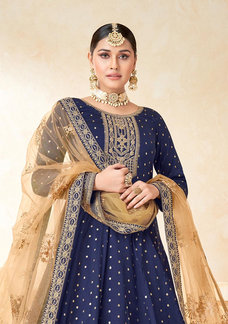 Blue Embroidered Art Silk Salwar Kameez With Dupatta
