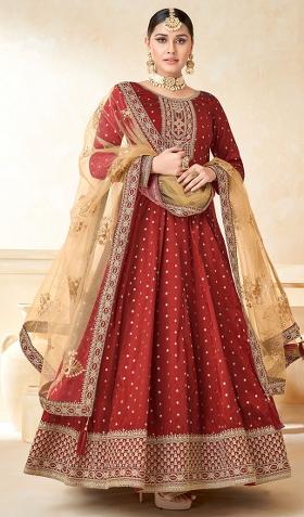 Red Embroidered Art Silk Salwar Kameez With Dupatta