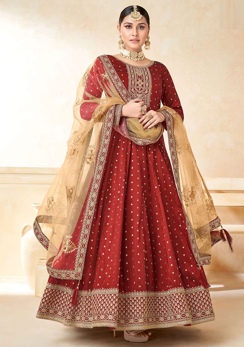Red Embroidered Silk Blend Anarkali Set - Indya