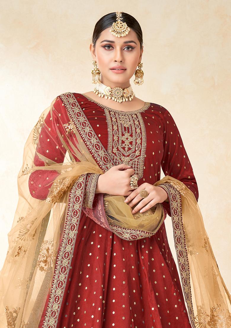 Red Embroidered Art Silk Salwar Kameez With Dupatta