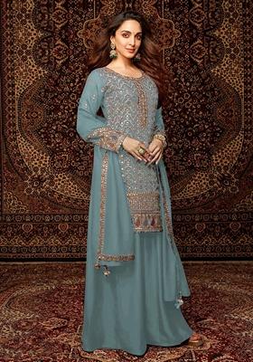 Sky Blue Embroidered Chinon Palazzo Set With Dupatta