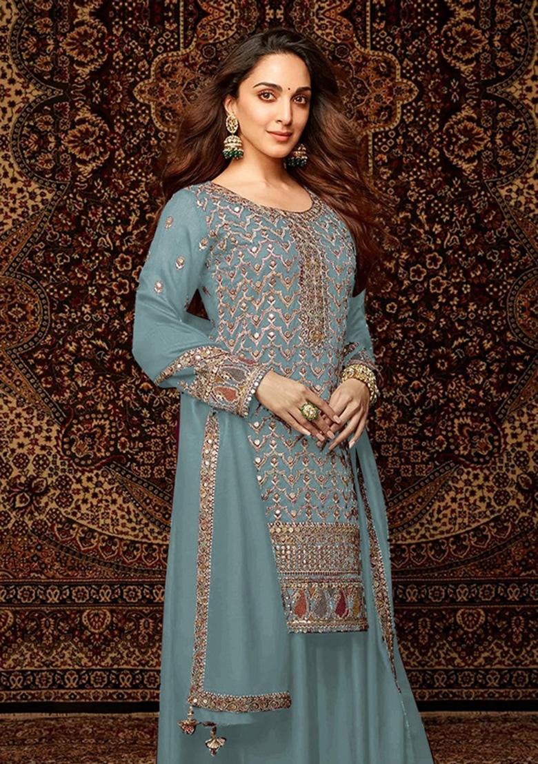 Sky Blue Embroidered Chinon Palazzo Set With Dupatta