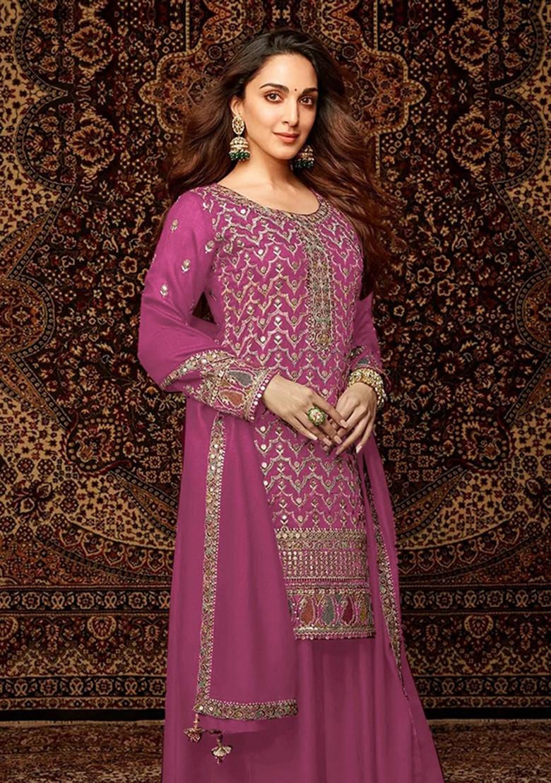Pink Embroidered Chinon Palazzo Set With Dupatta