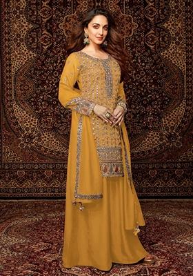 Yellow Embroidered Chinon Palazzo Set With Dupatta