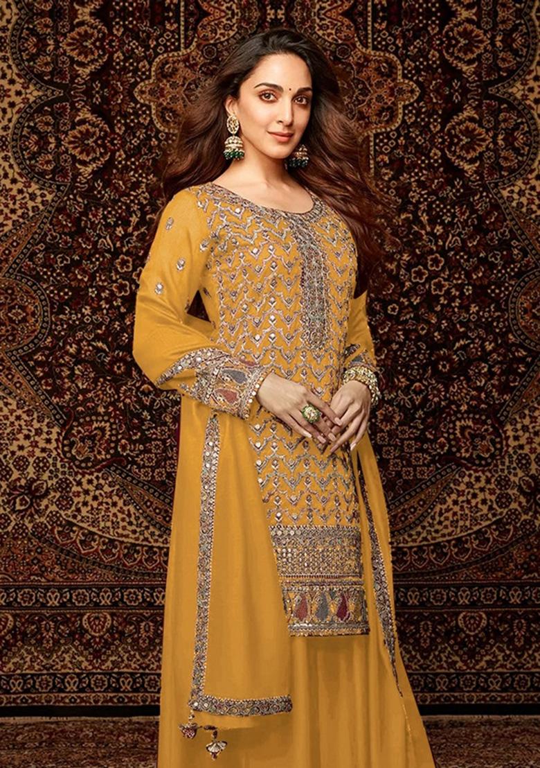 Yellow Embroidered Chinon Palazzo Set With Dupatta