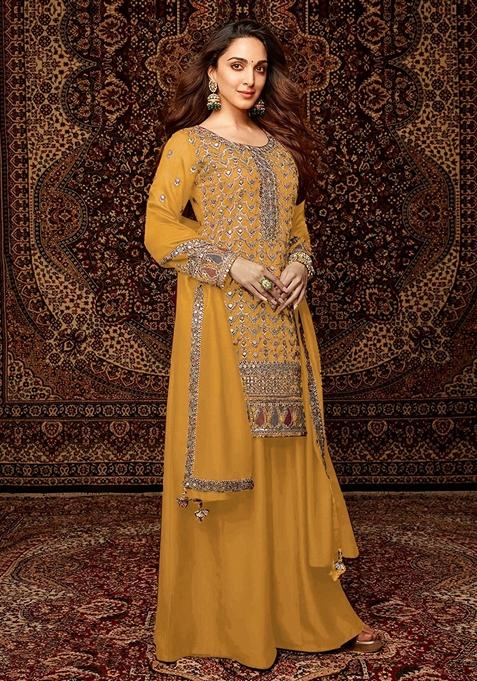 Yellow Embroidered Chinon Palazzo Set With Dupatta