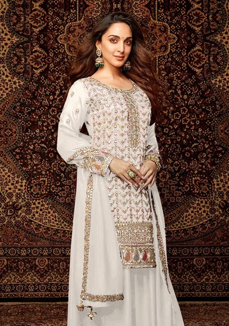 White Embroidered Chinon Palazzo Set With Dupatta