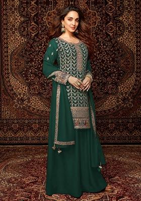 Green Embroidered Chinon Palazzo Set With Dupatta