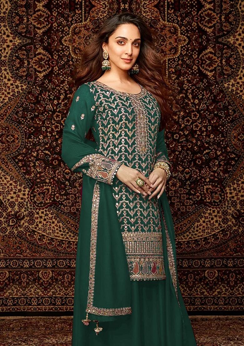 Green Embroidered Chinon Palazzo Set With Dupatta