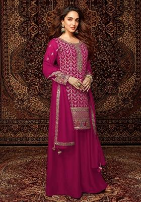 Rani Pink Embroidered Chinon Palazzo Set With Dupatta