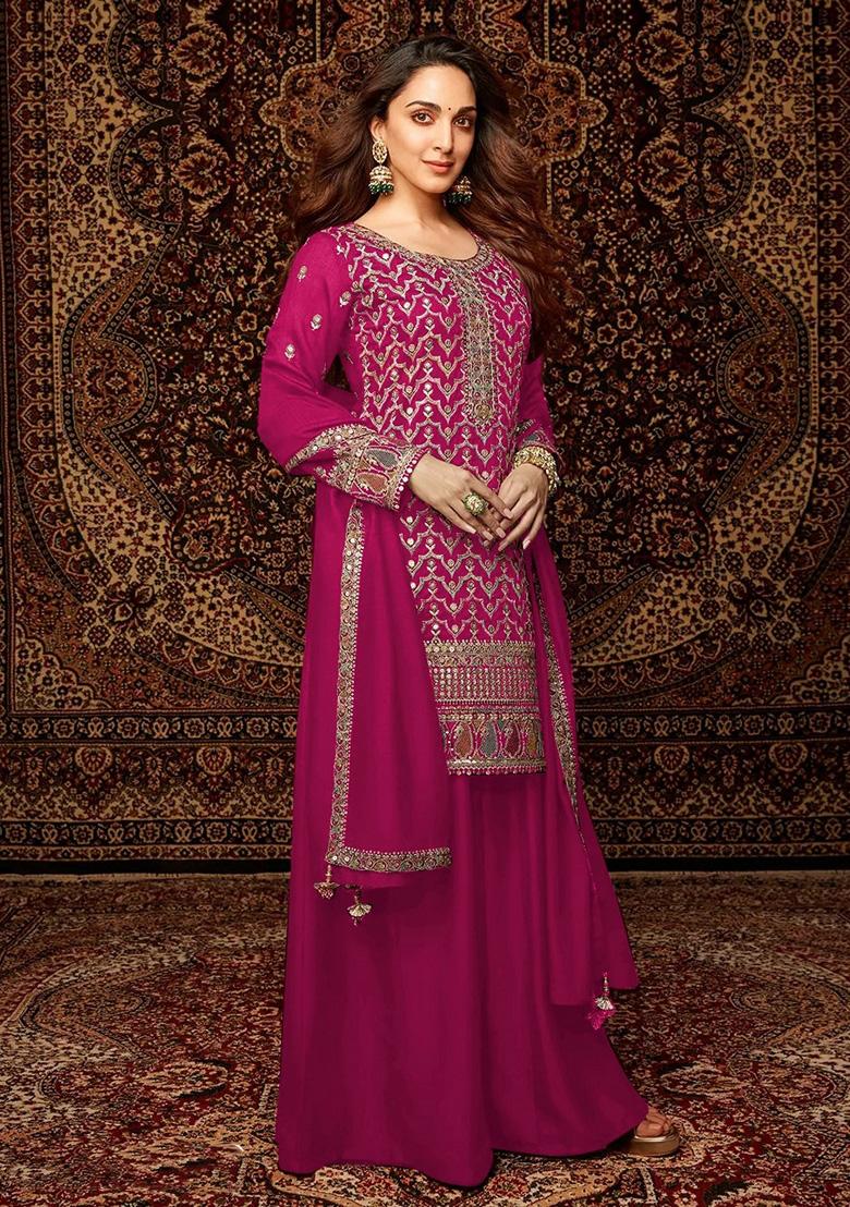 Rani Pink Embroidered Chinon Palazzo Set With Dupatta