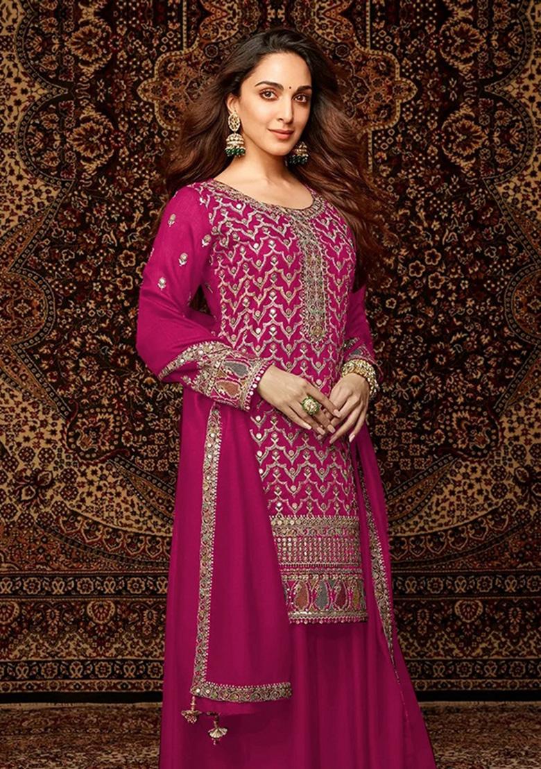 Rani Pink Embroidered Chinon Palazzo Set With Dupatta