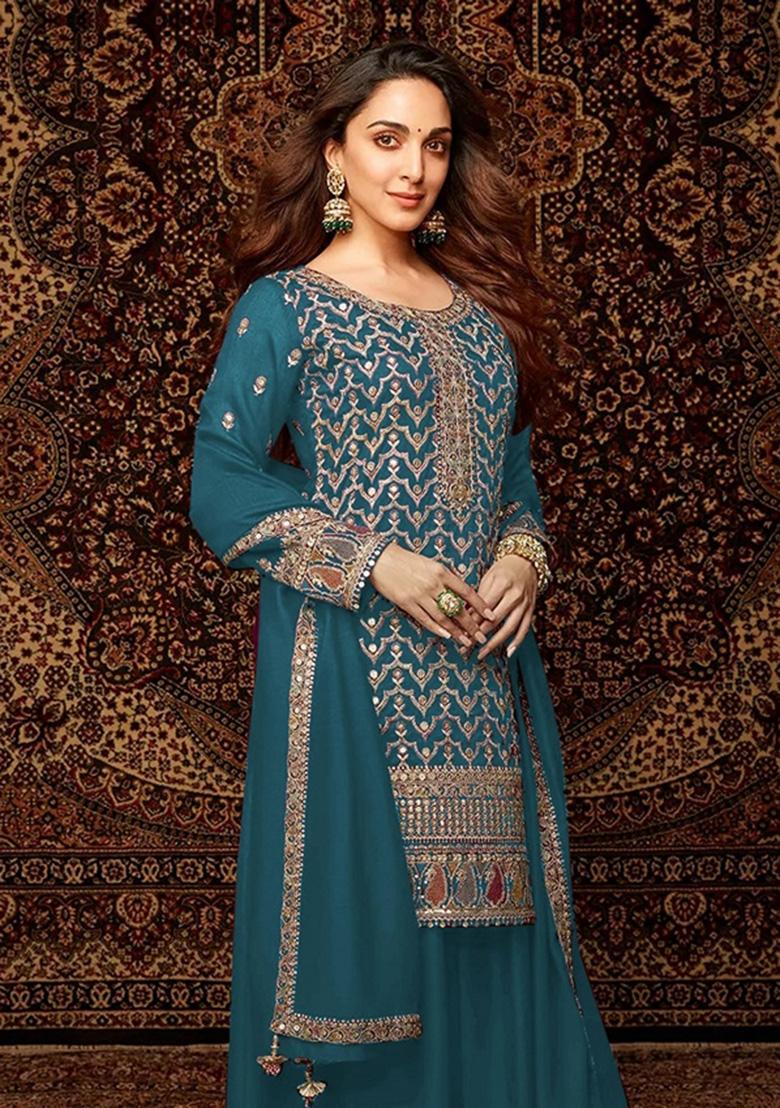 Teal Blue Embroidered Chinon Palazzo Set With Dupatta