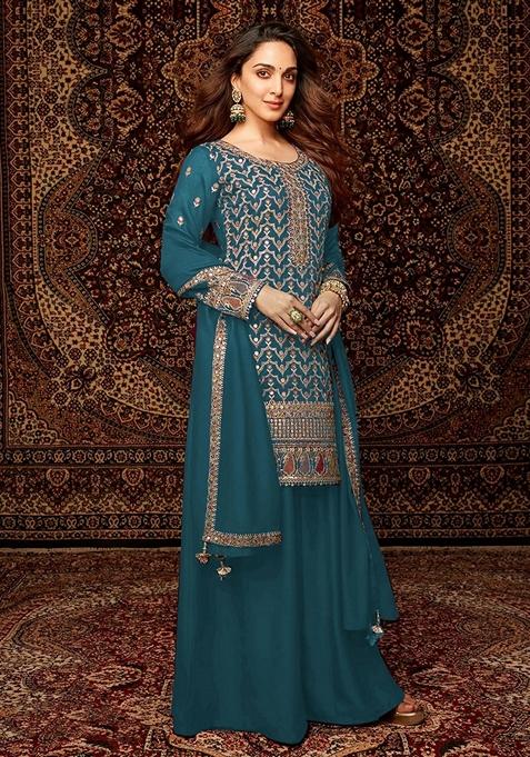Teal Blue Embroidered Chinon Palazzo Set With Dupatta