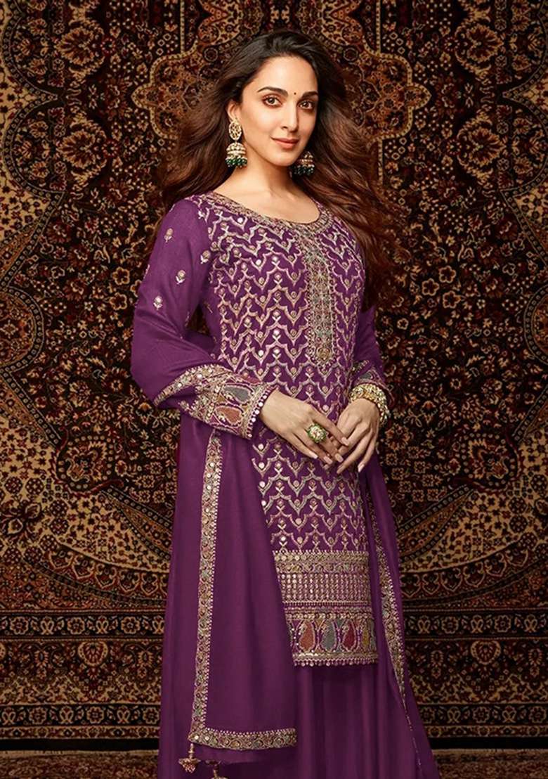 Purple Embroidered Chinon Palazzo Set With Dupatta - Indya