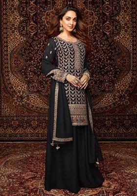 Black Embroidered Chinon Palazzo Set With Dupatta